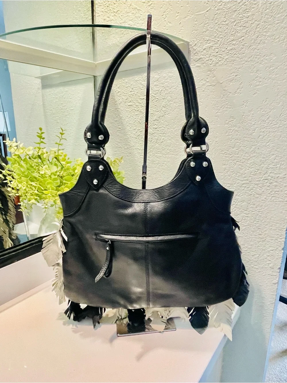 Frosting by Mary Norton Black & Silver Leather Feather-Accent Hobo Bag